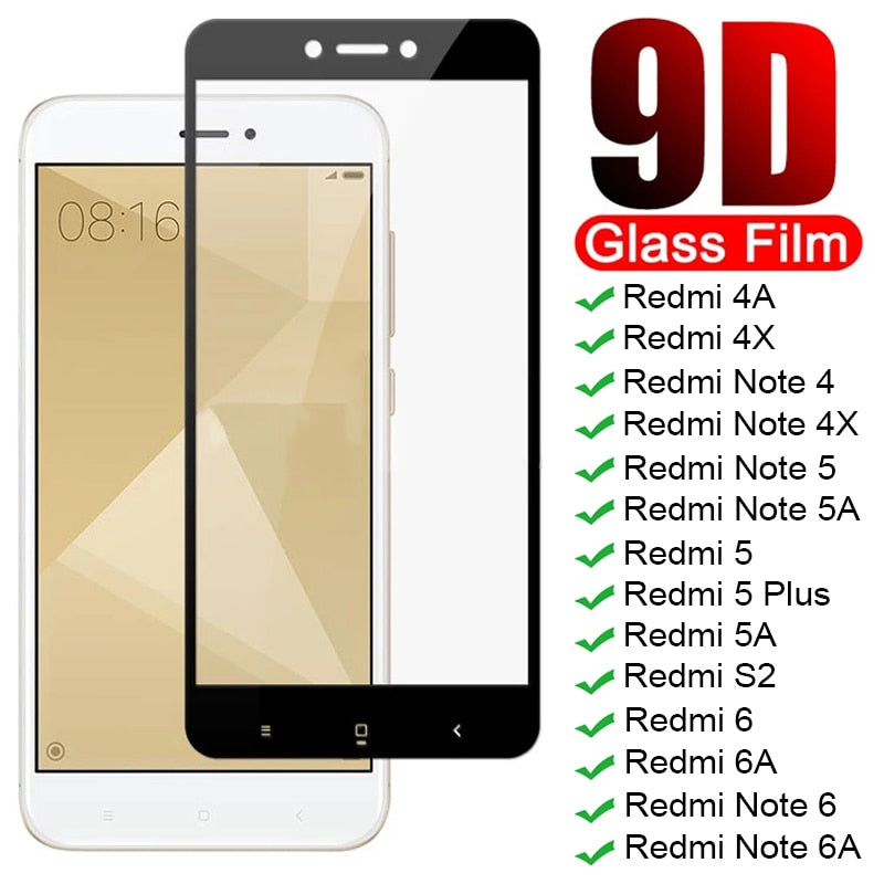 Vidrio protector de pantalla completa 9D en Redmi Note 4 4X 5 5A 6 Pro para Xiaomi Redmi 4X 4A 5A 5 Plus 6 6A S2 Estuche de película de vidrio templado