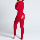 Sexy Women Christmas Cutout Functional Buttoned Flap Adults Pajamas Club Button Design Plunge Lounge Jumpsuit