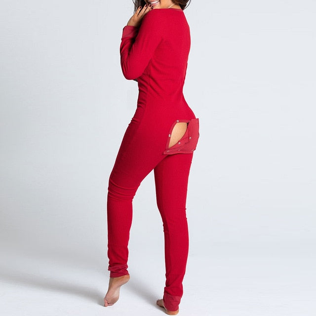 Sexy mujer Navidad recorte funcional abotonado solapa adultos pijamas Club botón diseño Plunge Lounge mono