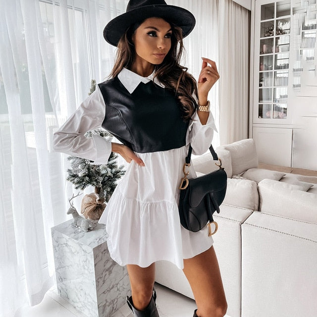 Casual Long Sleeve Mini Shirt Dress For Women White 2021 Spring PU Leather Patchwork Plaid Woman Dresses Clothing Femme Robe