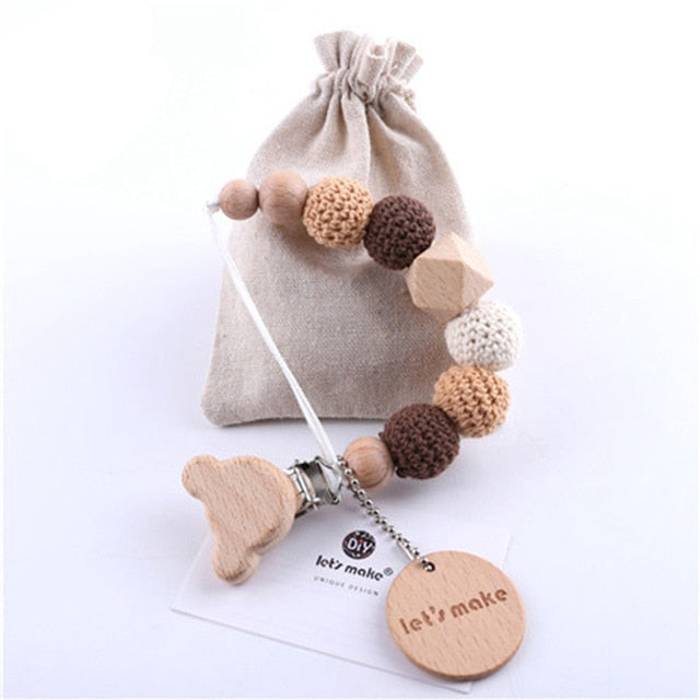 1PC Baby Pacifier Chain Elephant Wooden Clip Geometric Crochet Beads Bag Wood Teether Tiny Rod Dummy Clips Baby Pacifier Holder