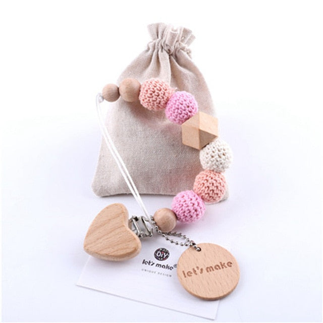 1PC Baby Pacifier Chain Elephant Wooden Clip Geometric Crochet Beads Bag Wood Teether Tiny Rod Dummy Clips Baby Pacifier Holder