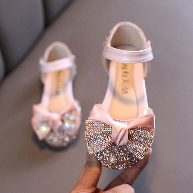 New Children Leather Shoes Rhinestone Bow Princess Girls Party Dance Shoes Baby Student Flats Kids Performance Shoes D785