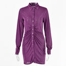 FANTOYE plisado Turn-Down Collar botón blusa vestido mujeres Sexy manga larga Mini Vestidos ropa de calle sólida camisa femenina Vestidos