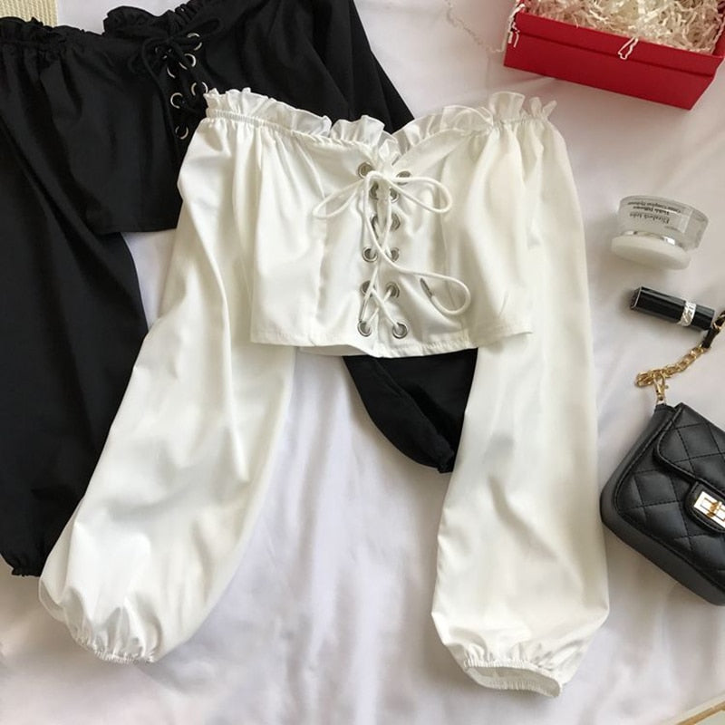 Womens Off Shoulder Top Long Sleeve Ruffle Vintage Blouse With Puff Sleeves Lace Up Ladies Tops Bandage Crop Tops Black White
