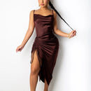 NewAsia Rüschen Satin Sommerkleid Tunnelzug Spaghettiträger Wasserfallausschnitt Rückenfrei Lange Kleider für Frauen Party Sexy Vestidos 2020