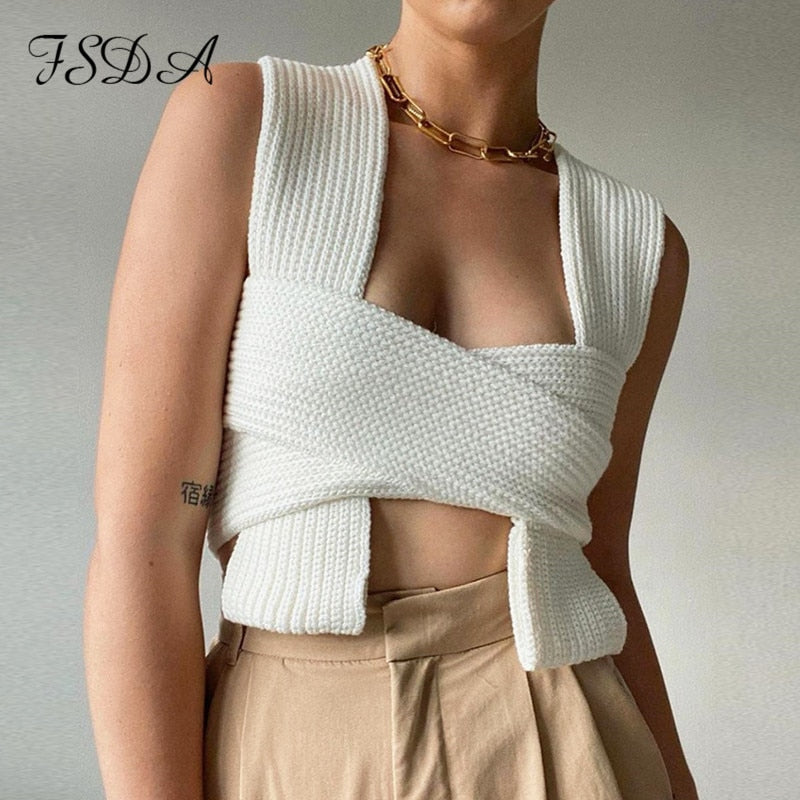 FSDA 2021 Ärmellos Gestrickte Ernte Pullover Sexy Herbst Sommer Mode Weste Schwarz Casual Weiß Pullover Top Weibliche Pullover Y2K