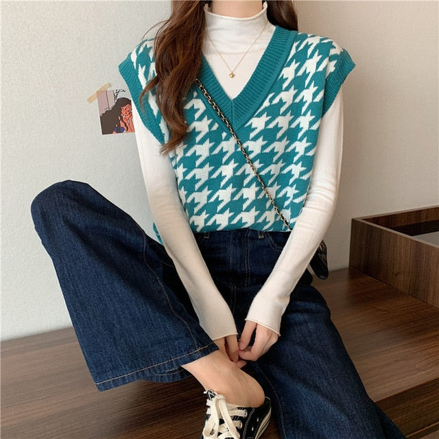 Vintage V-neck Knitted Vest Sweater Women Sleeveless Pullover Elasticity Sweater Loose Female Casual Oversized Knitted Vest 2020