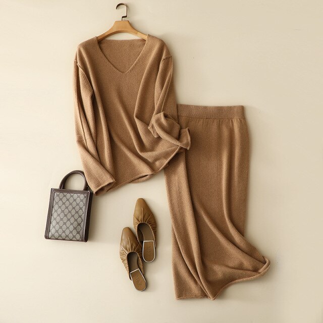 2021 luxury 100% cashmere v neck sweater and skirt set autumn winter styles knitwear for women