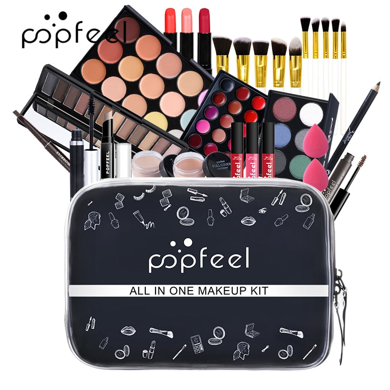 Kit de maquillaje todo en uno POPFEEL (sombra de ojos, brillo, lápiz labial, pinceles, cejas, corrector) bolsa de cosméticos de belleza
