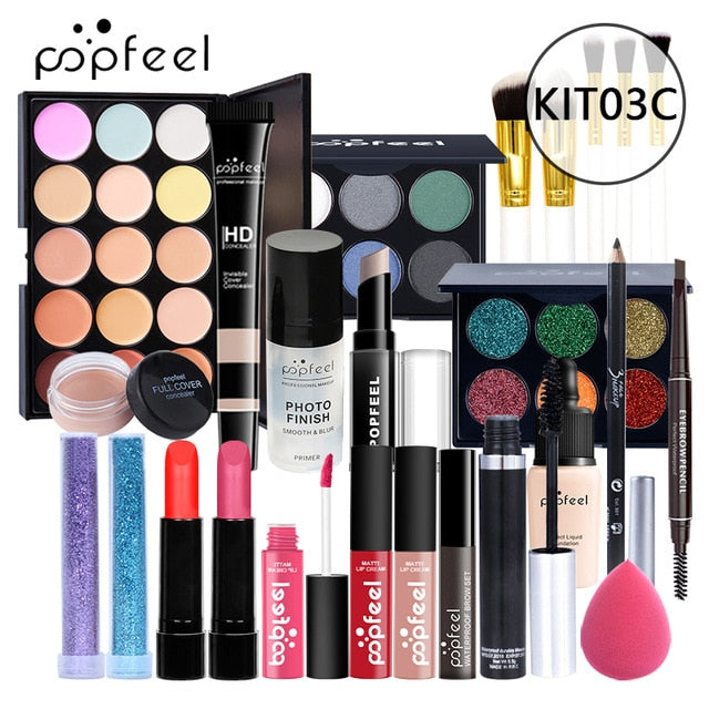 POPFEEL All-in-One-Make-up-Kit (Lidschatten, LiGloss, Lippenstift, Pinsel, Augenbrauen, Concealer) Beauty-Kosmetiktasche