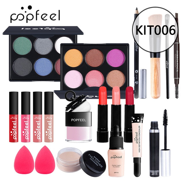 POPFEEL All-in-One-Make-up-Kit (Lidschatten, LiGloss, Lippenstift, Pinsel, Augenbrauen, Concealer) Beauty-Kosmetiktasche