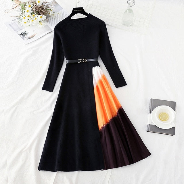 Autumn Winter Elegant Knitted Patchwork Gradient Pink Pleated Dress Women Long Sleeve Office One-Piece Sweater Dress With Belt