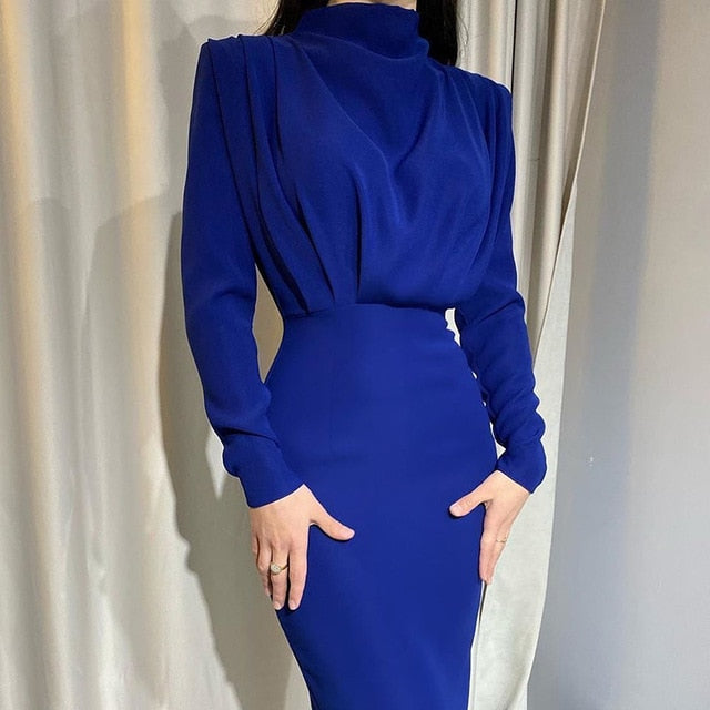 InstaHot Elegantes Frauenkleid Stehkragen Schlanke Taille Solide Blau Knöchellänge Herbst Langarm Casual Partykleid 2020 Mode