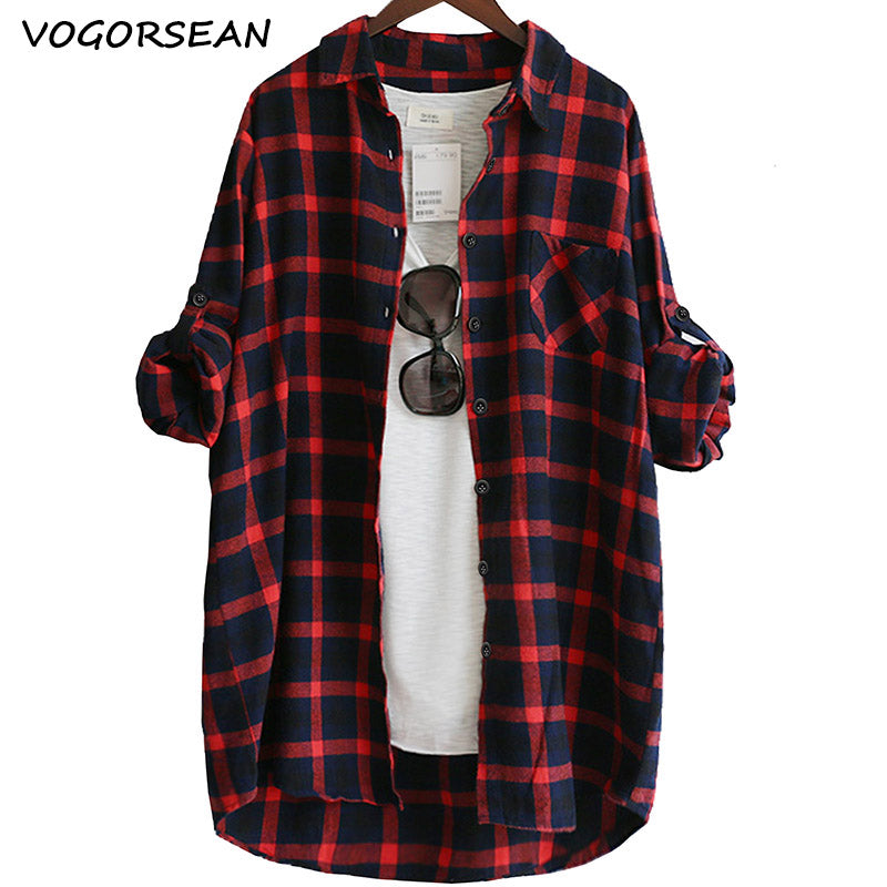 Damen Bluse Shirt Lose Lässige Plaid Shirts Langarm Große Größe Tops Damen Blusen Rot Grün 2021