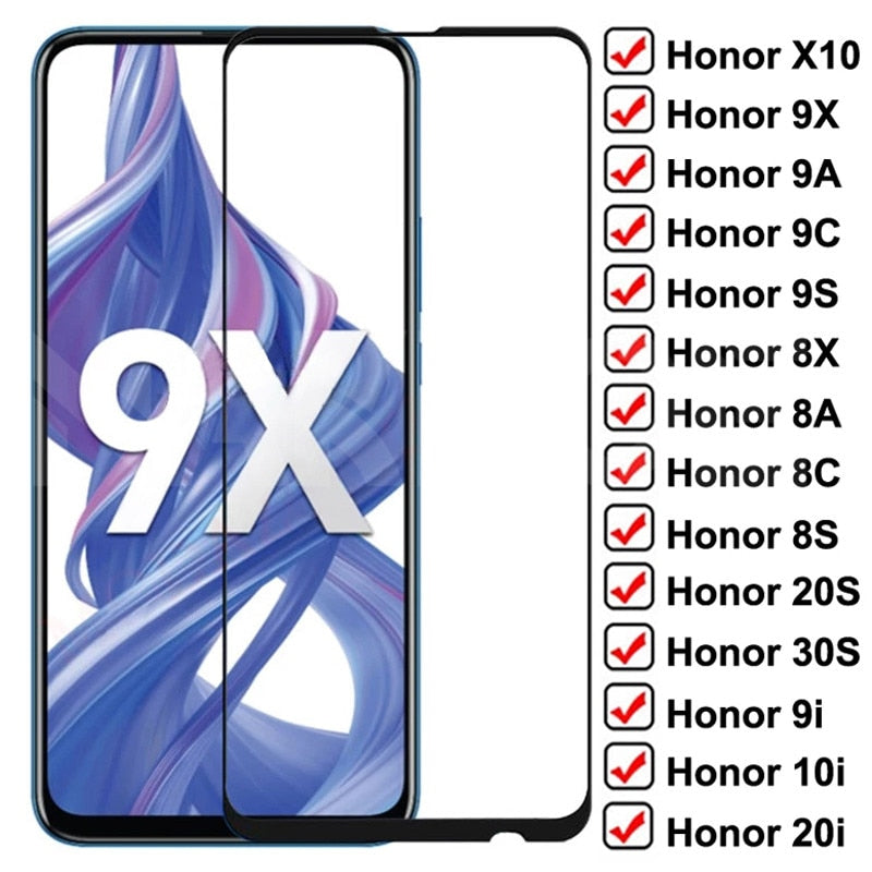 9D-Schutzglas auf der gehärteten Displayschutzfolie für For Honor X10 9X 9A 9C 9S Honor 8X 8A 8C 8S 20S 30S 9i 10i 20i Glasfolie
