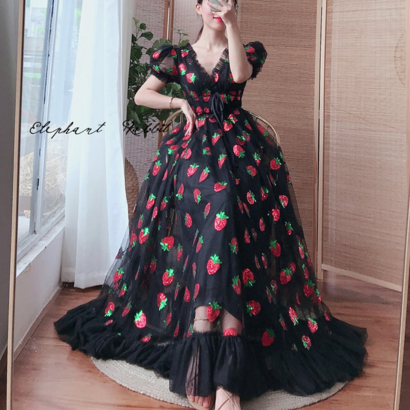 Vestido de talla grande 5XL para mujer, negro, rosa, fresa, con lentejuelas, cuello en V, dulce, elegante, para fiesta de noche, vestido Formal, Maxi elegante