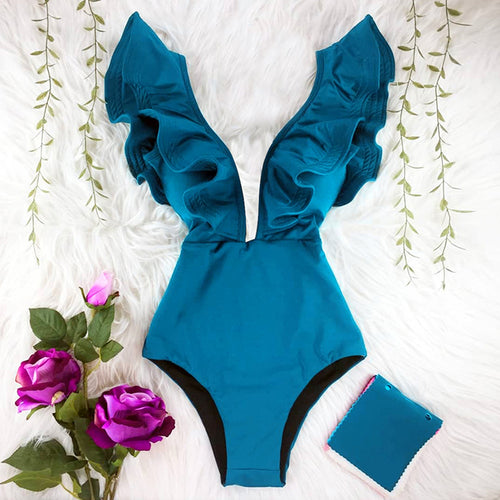 2021 New Sexy Ruffle Print Floral One Piece Swimsuit Off The Shoulder Swimwear Women Solid Deep-V Beachwear Bathing Suit Monkini