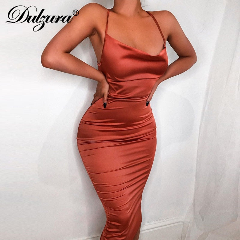 Dulzura neon satin lace up 2021 summer women bodycon long midi dress sleeveless backless elegant party outfits sexy club clothes
