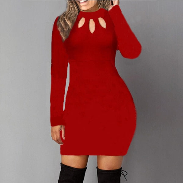 Bodycon Dress Women Long Sleeve Print Dress Red Black Spring Autumn Eleagnt Ladies Casual Solid Slim Fit Mini Short Sexy Dresses