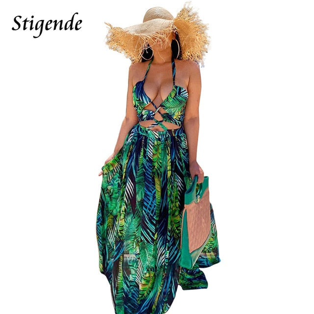 Stigende Women Bohemian Palm Leaf Maxi Dress Sexy High Split Summer Beach Halter Dress Casual Sleeveless Bandage Long Dress
