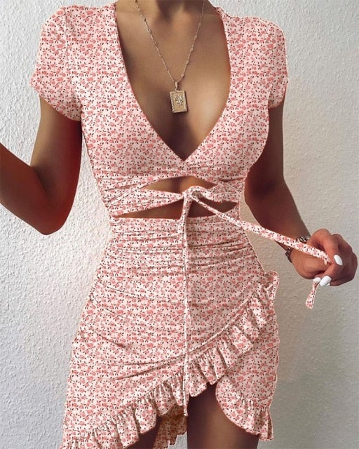 Damen Sommer Rüschen ausgeschnittenes Design Leopardenmuster Kleid Elegante Mode V-Ausschnitt Rüschen Party Minikleid Damen Urlaub Strand