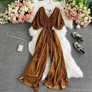 Autumn Sexy Polka Dot Romper Women Elegant V-Neck Puff Short Sleeve High Waist Jumpsuit Female Loose Wide Leg Playsuits Fashion