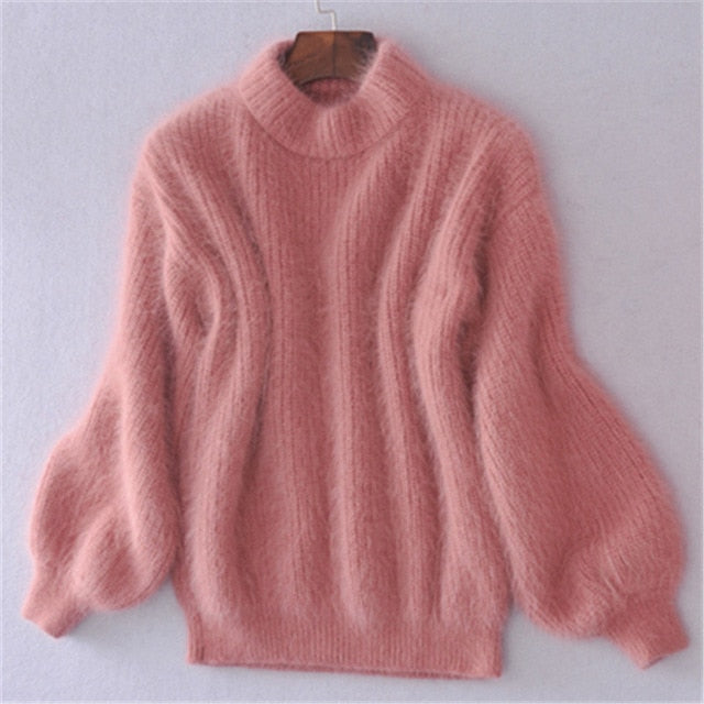 White Mohair Thicken Turtleneck Sweater Autumn Winter Sweet Fashion Lantern Sleeve Casual Solid Color Pullover pull femme