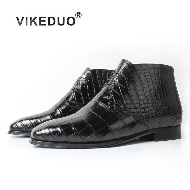Vikeduo, calzado personalizado de tendencia elegante hecho a mano, botas Chukka de cocodrilo negro para hombre, zapatos de cuero para hombre
