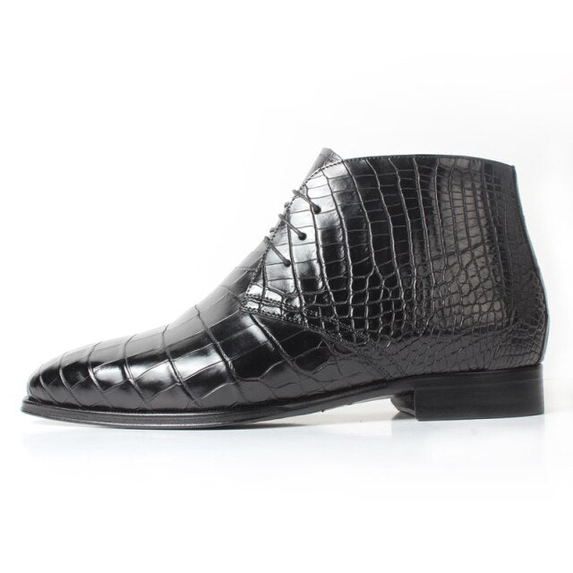 Vikeduo, calzado personalizado de tendencia elegante hecho a mano, botas Chukka de cocodrilo negro para hombre, zapatos de cuero para hombre