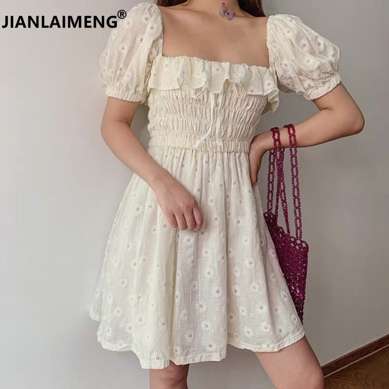 Sexy Ruffles Women Puffed Sleeves Dress Square Neck Bow Slim Waist Floral Dresses New 2020 Summer Girls Princess Pleated Dresses