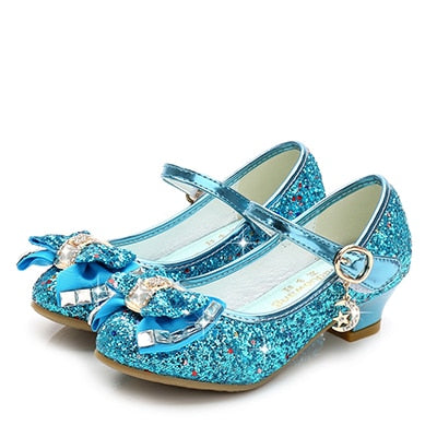 Princesa Niños Zapatos de cuero para niñas Flor Brillo informal Niños Zapatos de tacón alto para niñas Nudo de mariposa Azul Rosa Plata