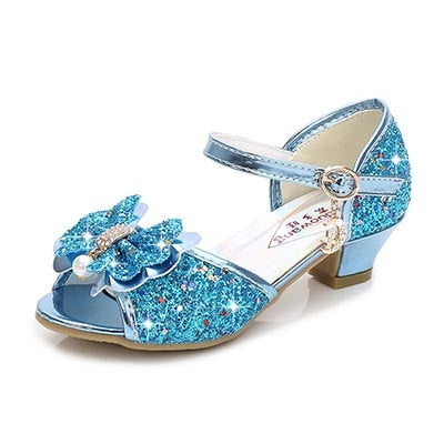 Princesa Niños Zapatos de cuero para niñas Flor Brillo informal Niños Zapatos de tacón alto para niñas Nudo de mariposa Azul Rosa Plata