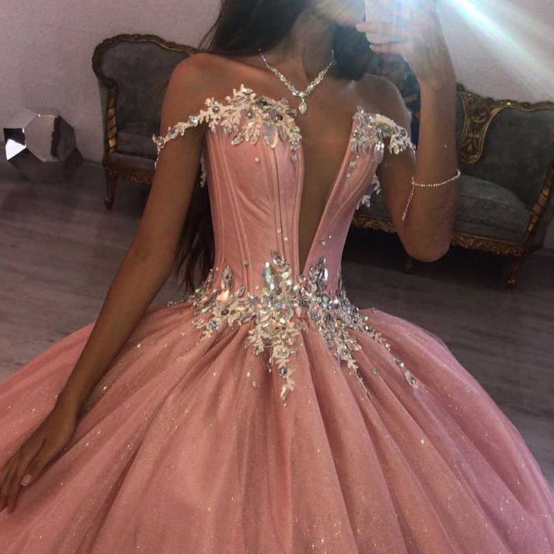 Pink XV Quinceanera Dresses 2020 Deep V Neck Sweet 15 16 Dresses Backless Puffy Skirt Birthday Party Sweep Train Lovely