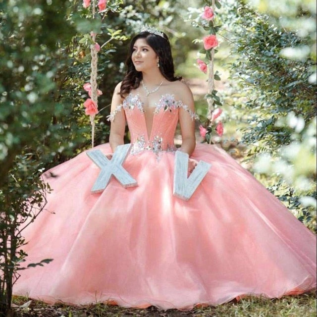 Pink XV Quinceanera Dresses 2020 Deep V Neck Sweet 15 16 Dresses Backless Puffy Skirt Birthday Party Sweep Train Lovely