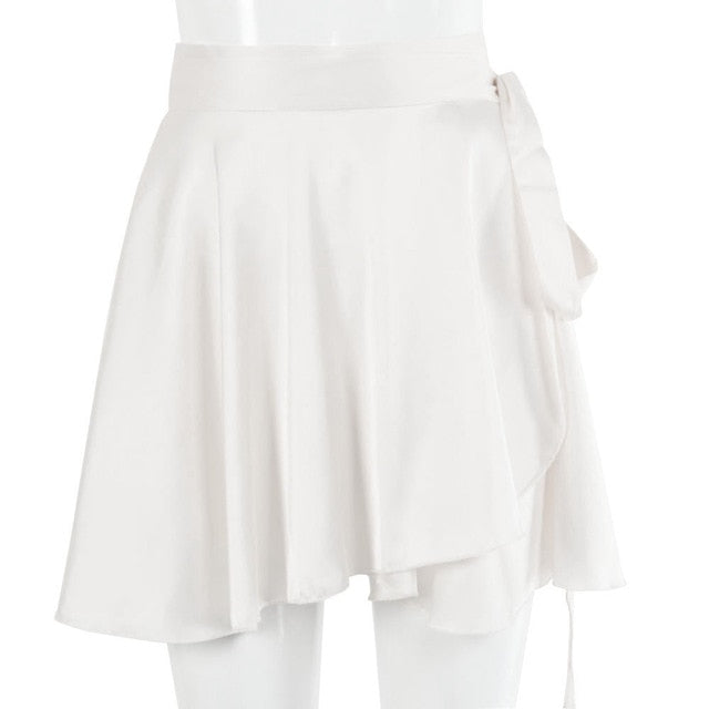 Fantoye Lässiges Satin-Zweiteiler-Kleid-Set für Frauen, Weiß, O-Ausschnitt, Knopfleiste, Bandage, Mini-Bleistiftröcke, Outfits, Mode-Party-Anzug