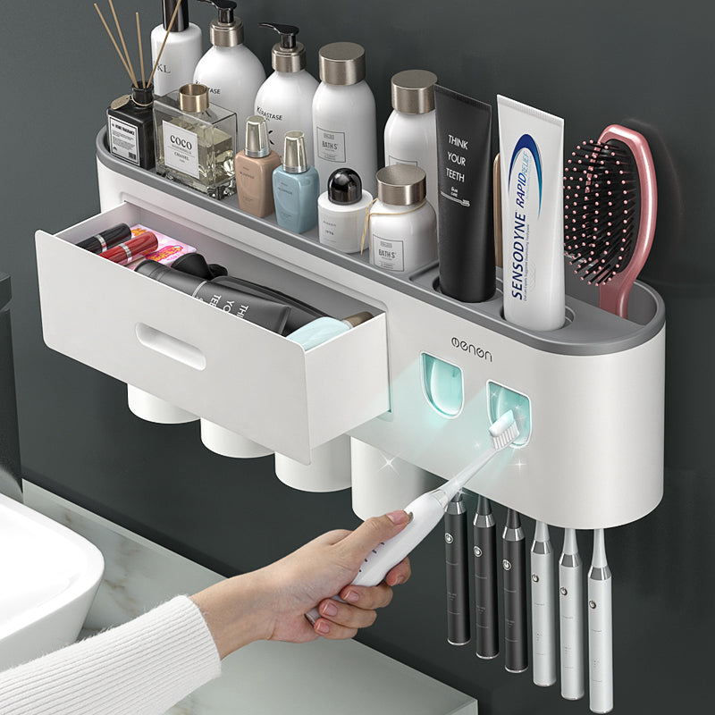 Soporte de cepillo de dientes invertido de adsorción magnética dispensador de pasta de dientes automático doble estante de almacenamiento accesorios de baño