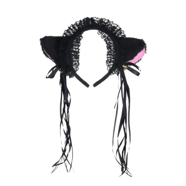 Frauen Rüschen Spitze Stirnband Plüsch Katzenohren Band Glocke Lolita Cosplay Haarband 23GE