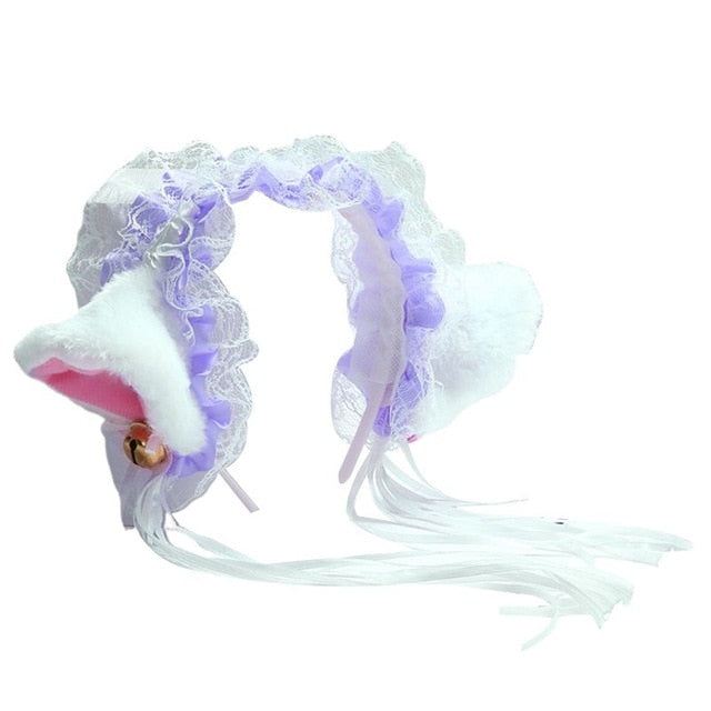 Women Ruffles Lace Headband Plush Cat Ears Ribbon Bell Lolita Cosplay Hair Hoop 23GE