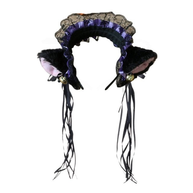 Women Ruffles Lace Headband Plush Cat Ears Ribbon Bell Lolita Cosplay Hair Hoop 23GE