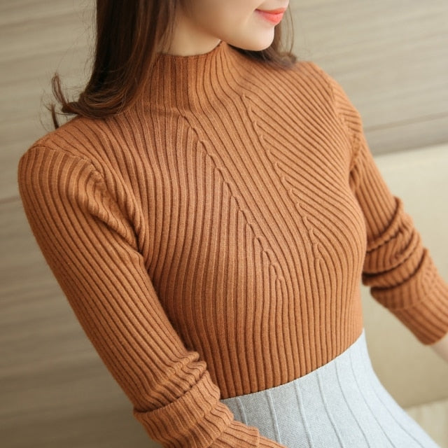 Moda sólido blanco y negro Tops suéteres 2021 invierno manga larga jerseys de cuello alto suéteres de mujer ropa de mujer 5218