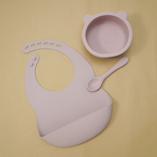 BPA-freies Baby-Silikon-Geschirr, wasserdichtes Lätzchen, flexibles Speicheltuch, einfarbig, Saugnapf und Löffel für Kinder