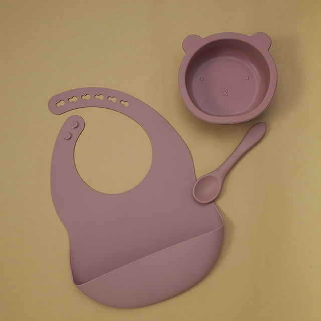 Vajilla de silicona para bebé sin BPA, babero impermeable, toalla Flexible para Saliva, cuenco y cuchara con ventosa de Color sólido para niños