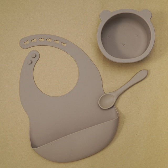 BPA-freies Baby-Silikon-Geschirr, wasserdichtes Lätzchen, flexibles Speicheltuch, einfarbig, Saugnapf und Löffel für Kinder