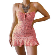 MoneRffi 2021 Summer V Neck Floral Print Dress Women Off Shoulder Ruffle Party Dress Sexy Lace-Up Backless Mini Dresses Vestidos