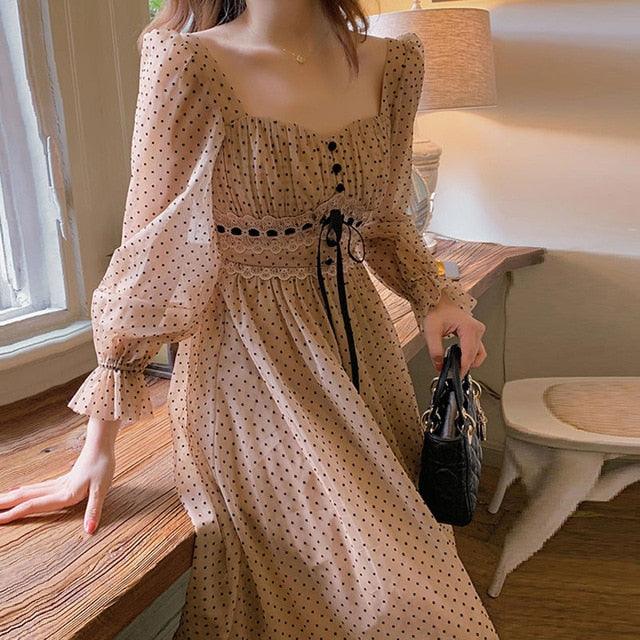 Französisches Vintage-Midikleid für Frauen, Pufferärmel, quadratisch, Büro, elegantes Kleid, weiblich, 2021, Frühlingspunkt, einteiliges Kleid, Koreanisch