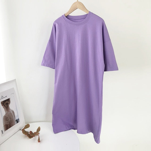 Aachoae Women Casual Loose Solid 100% Cotton T Shirt Dress O Neck Mini Dress Batwing Short Sleeve Basic Dresses Vestidos