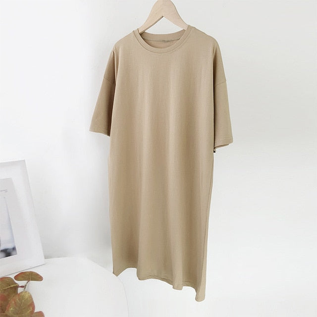 Aachoae Damen Casual Loose Solid 100% Baumwolle T-Shirt Kleid O-Ausschnitt Minikleid Fledermaus Kurzarm Basic Kleider Vestidos