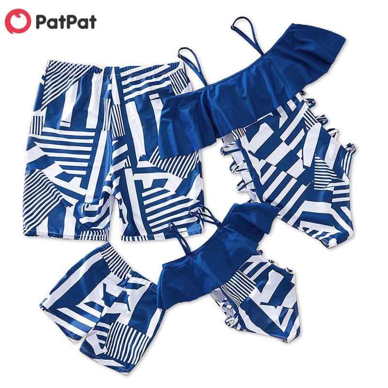 PatPat, gran oferta, verano 2021, traje de baño a juego con diseño geométrico azul marino para la familia, conjuntos de trajes de baño de una pieza con apariencia familiar