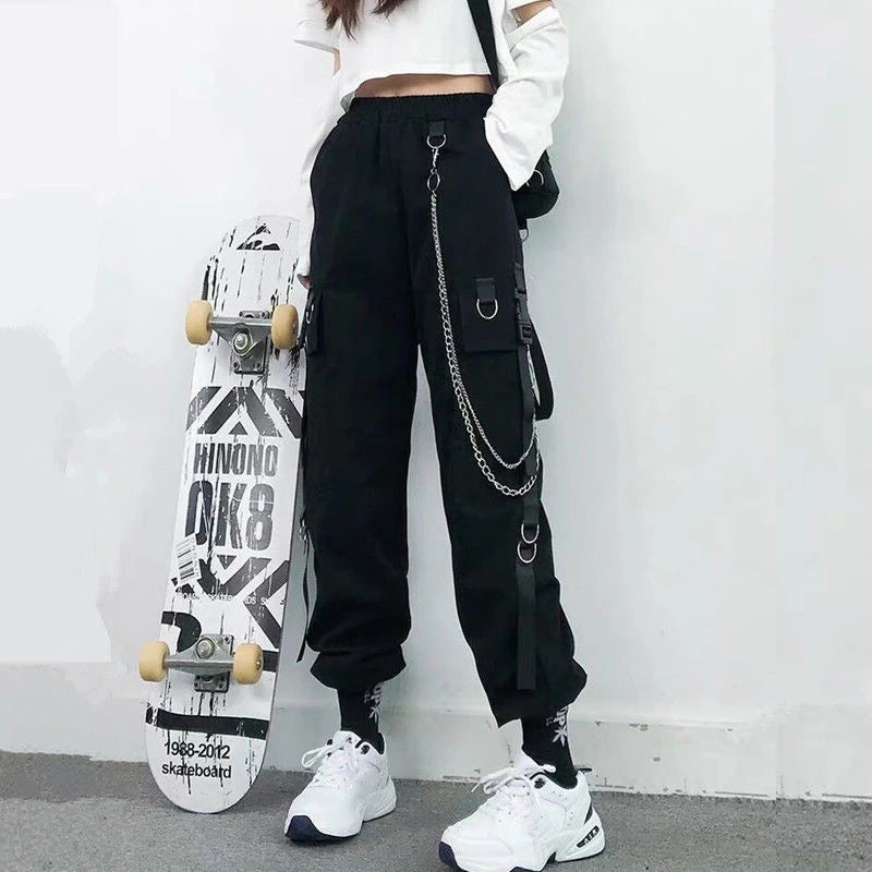 Frauen Cargohose 2021 Haremshose Mode Punk Taschen Joggerhose mit Kette Harajuku Elastics Hohe Taille Streetwear
